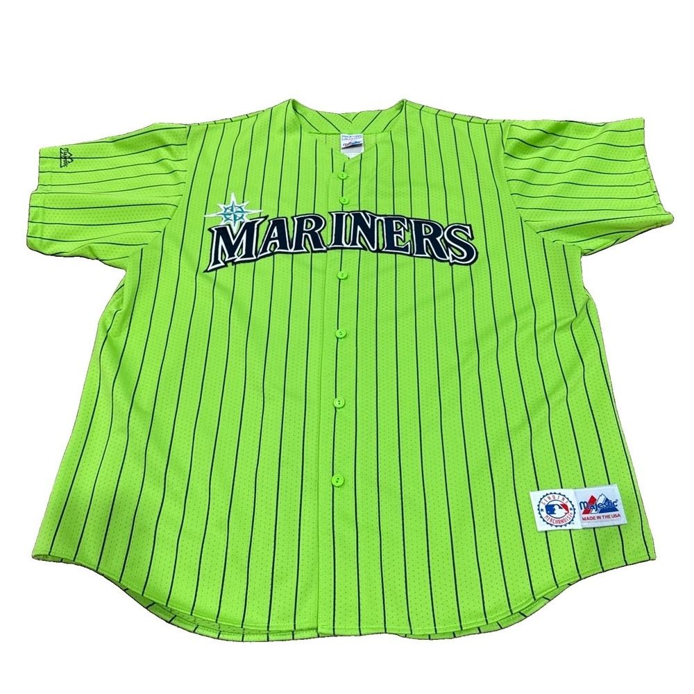 Vintage Seattle Mariners Stitched MLB Majestic Lime Green Pinstripe Jersey 2XL - Picture 1 of 5